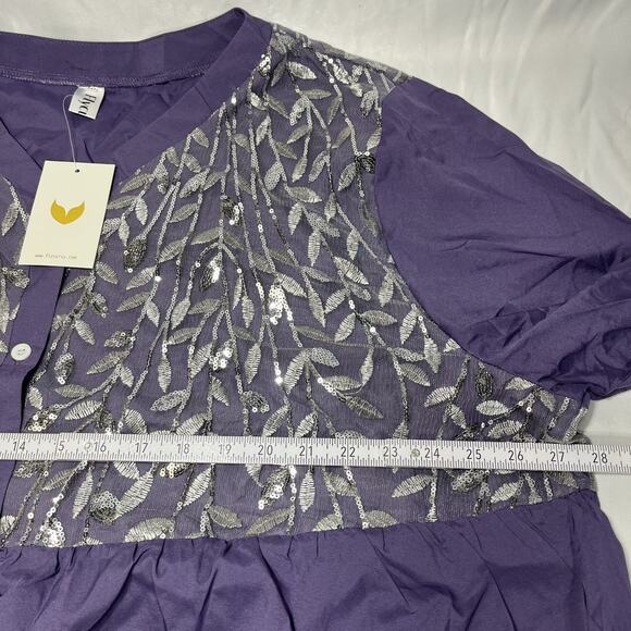 Flycurvy Women’s Purple Embroidered Button Front Blouse Top Plus Size 5XL - Picture 6 of 7